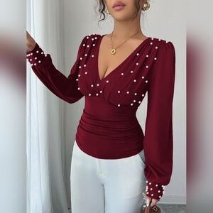 Elegant Burgundy Pearl-Embellished Top BLACK FRIDAY SALE!! HIT THE LIKE BUTTON!!